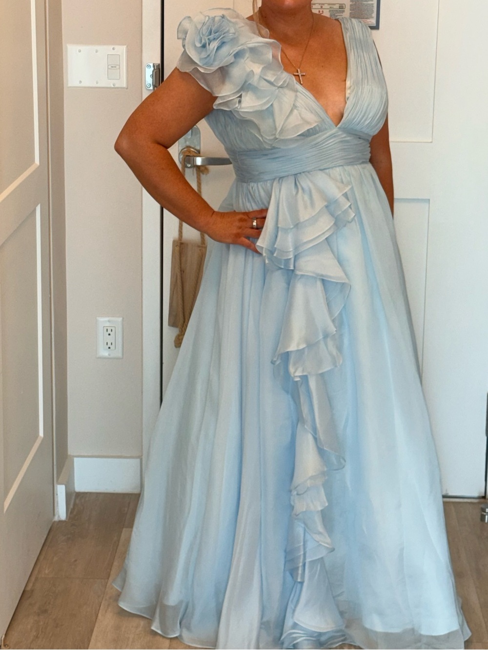 MAC Duggal Elegant Light Blue Ruffled V-Neck Evening Dress